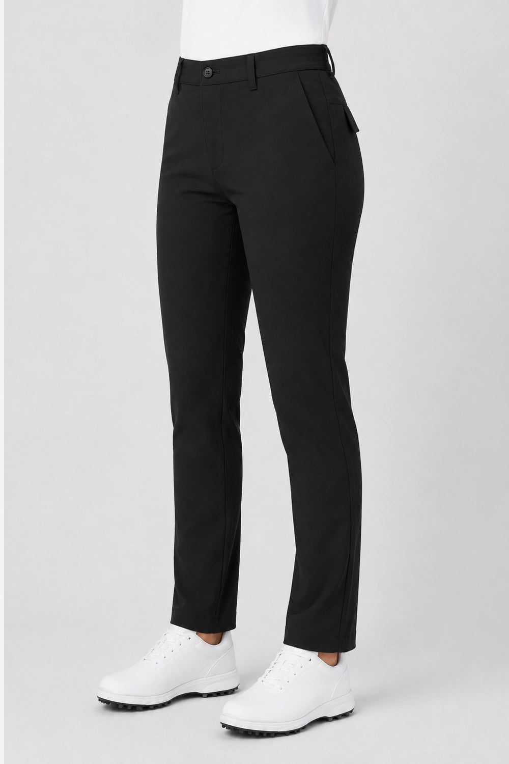 Pantalon de golf homme noir déperlant, coupe droite, ceinture boutonnée, ourlets aux chevilles.