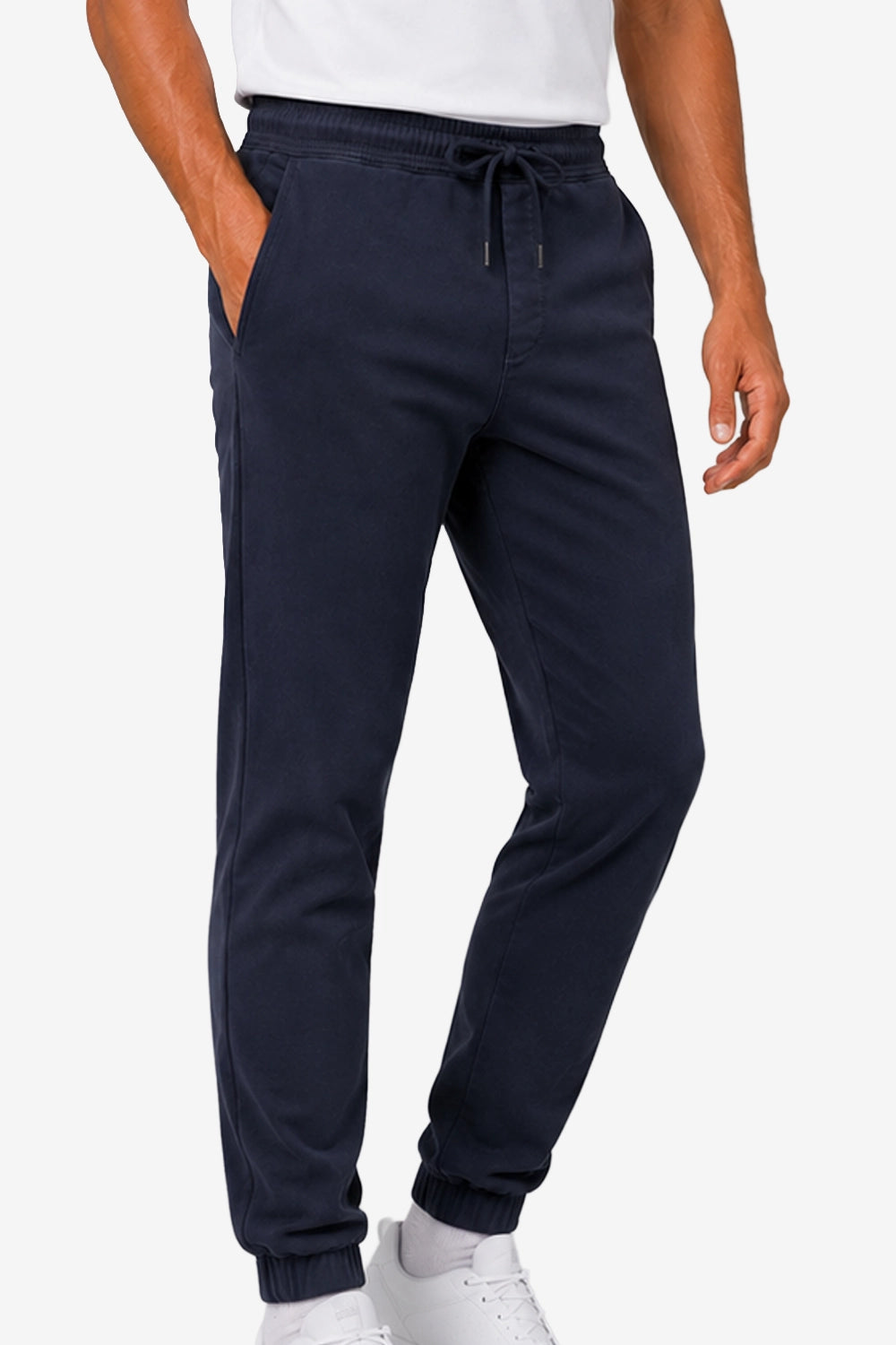 Pantalon bleu marine homme, taille à cordon et bas resserré, poches latérales