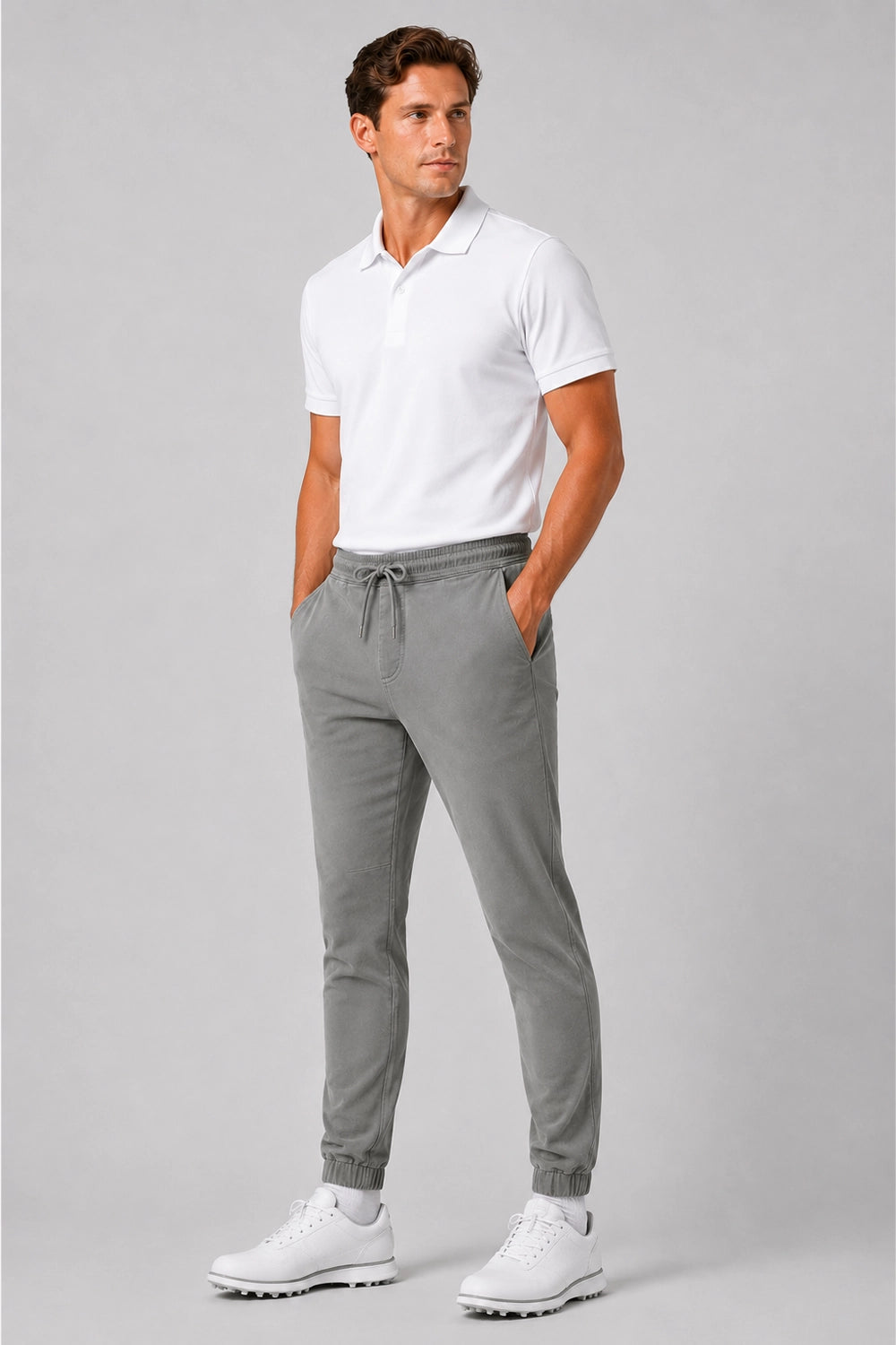 Pantalon de golf homme gris, taille à cordon, jambes légèrement ajustées, bas resserré