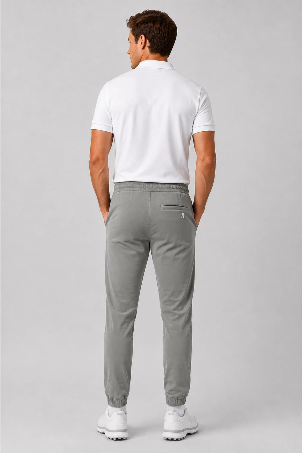 Pantalon de golf homme gris, vue arrière, taille à cordon, bas resserré