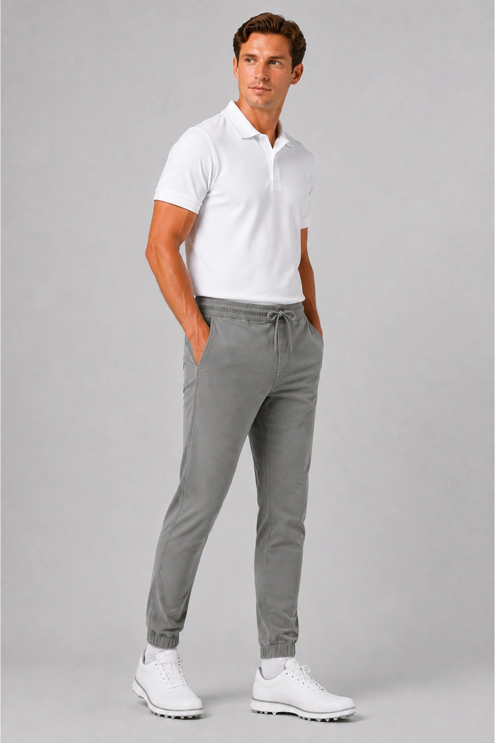 Pantalon de golf homme Flex gris graphite, jambes droites, cordon de serrage à la taille.