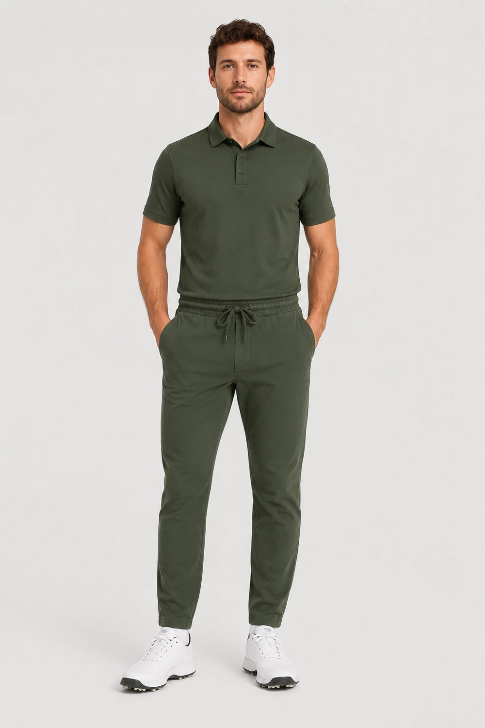 Pantalon de golf homme Flex vert, coupe droite, taille à cordon et élastique.