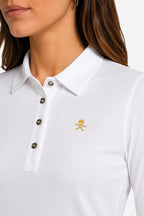 Polo manches longues blanc, patte boutonnée et logo brodé sur la poitrine