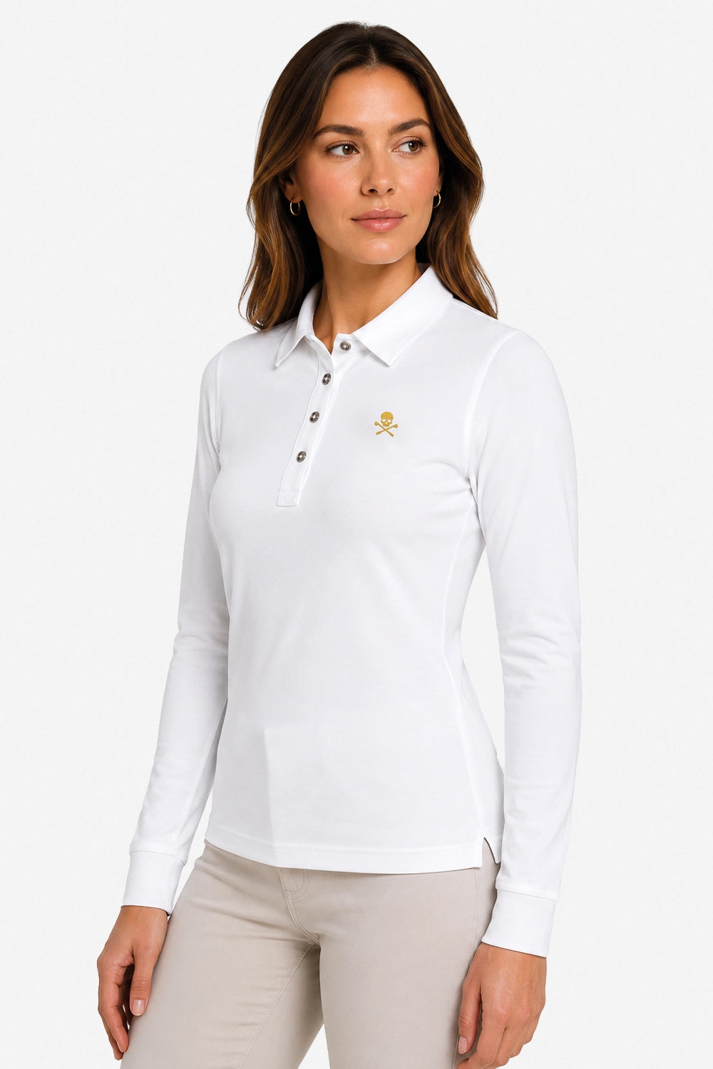 Polo manches longues blanc pour femme, col chemise à boutons et logo brodé