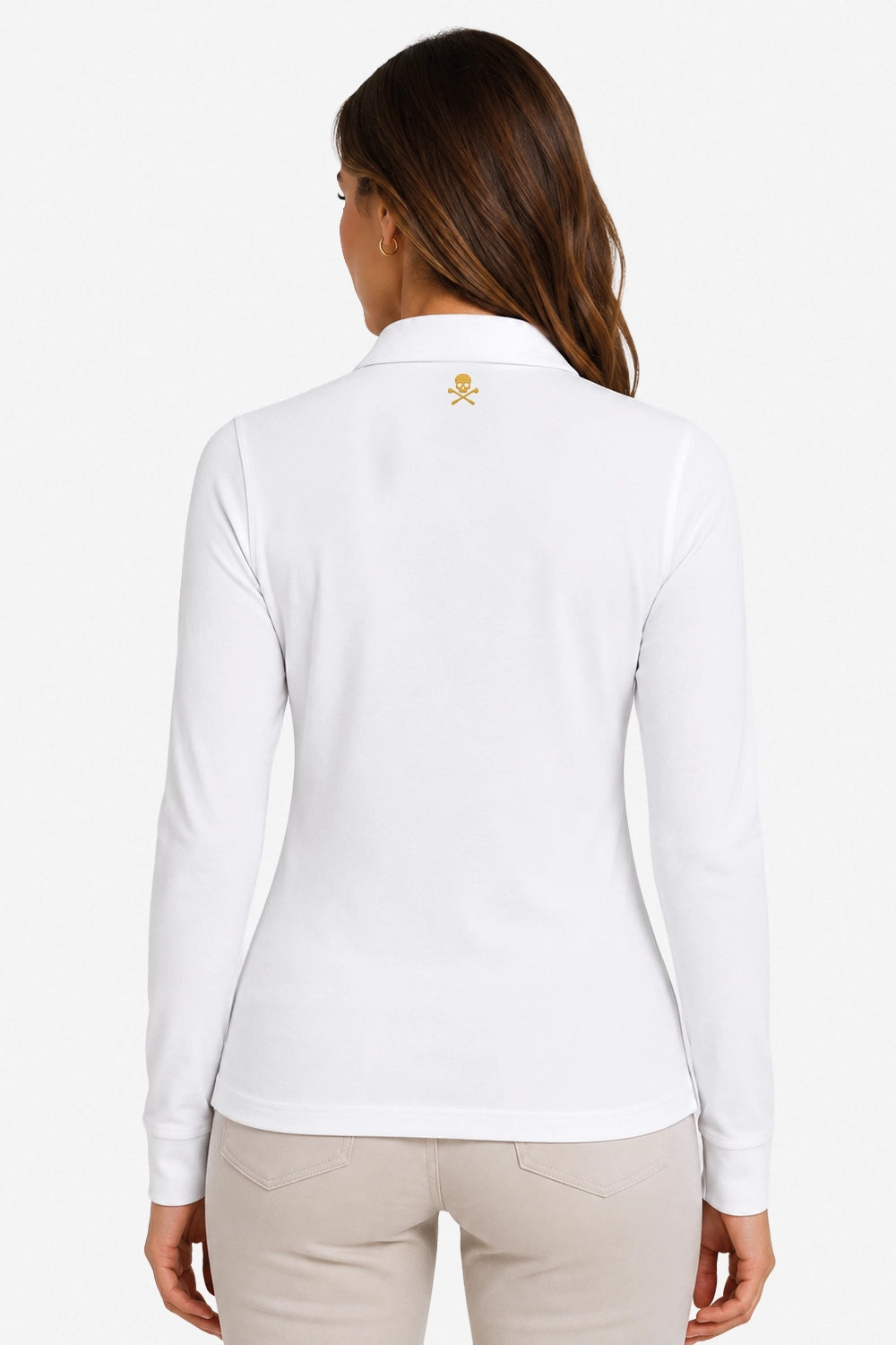 Polo manches longues blanc, vue dos avec logo brodé au centre du col
