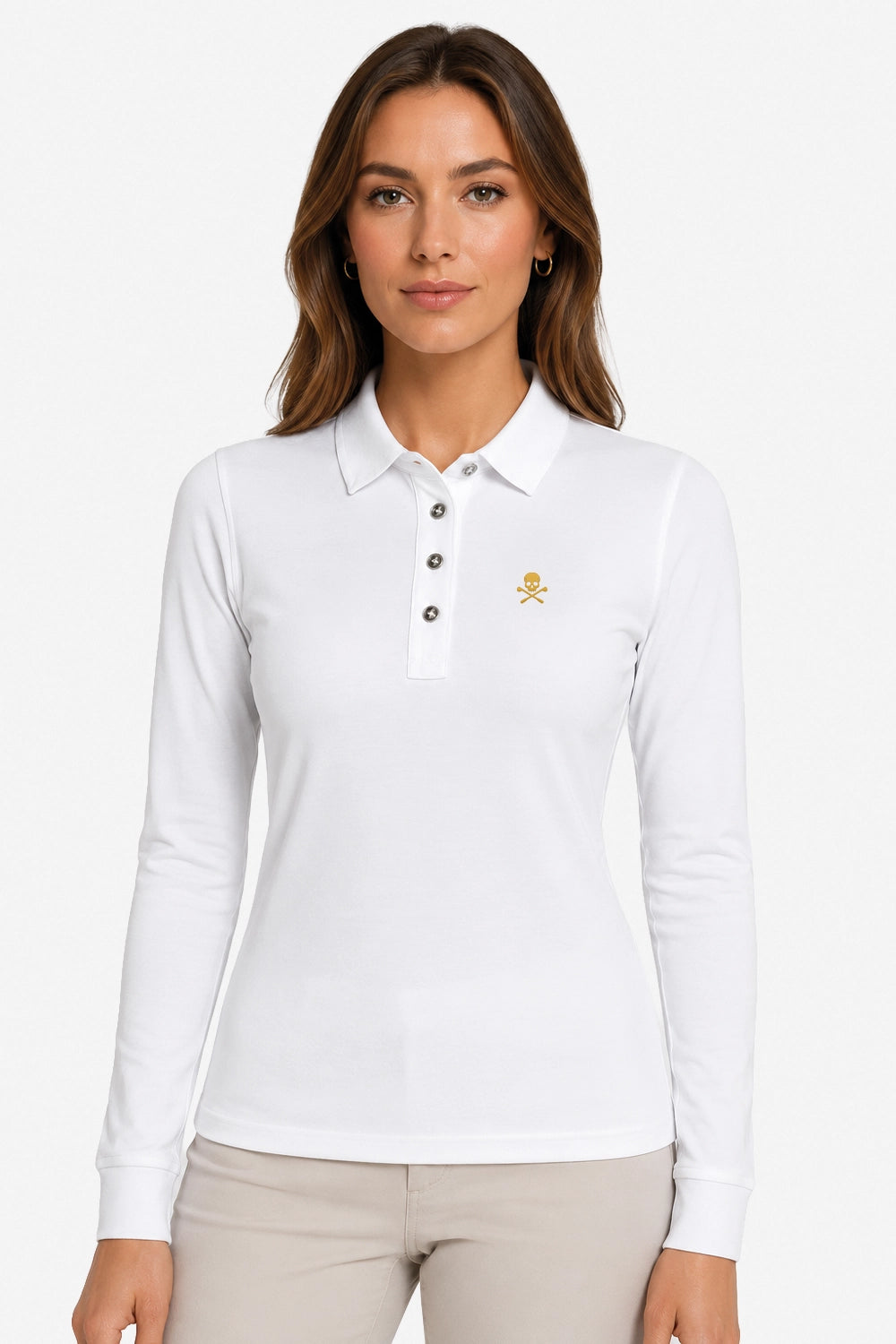 Polo manches longues blanc, col boutonné et petit logo brodé sur la poitrine