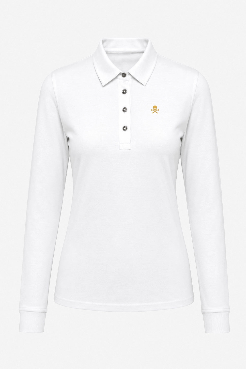 Polo manches longues blanc, col chemise à boutons et logo brodé sur la poitrine