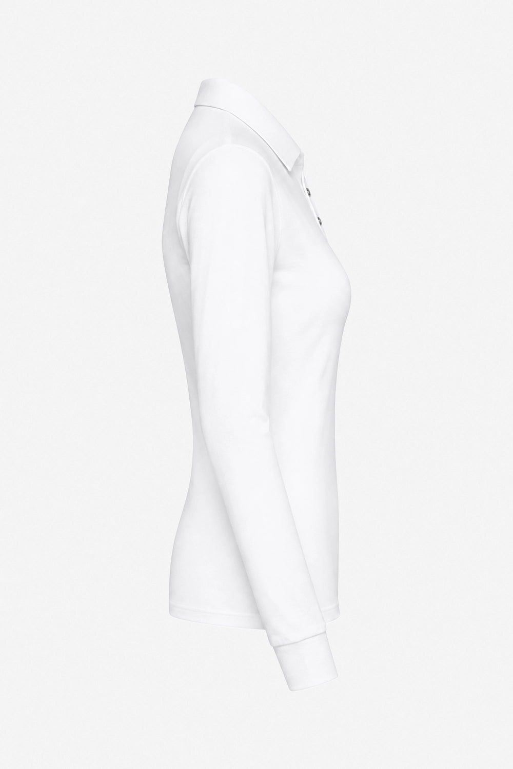 Polo manches longues blanc, vue de profil avec patte boutonnée et manches ajustées