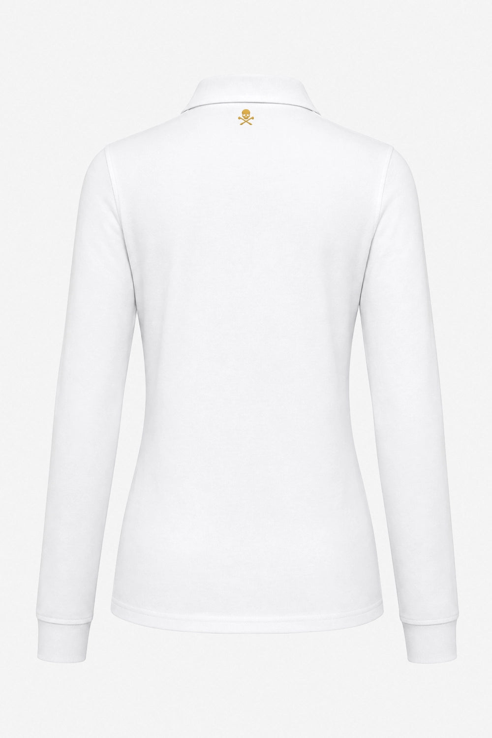Polo manches longues blanc, vue dos avec logo brodé et col relevé
