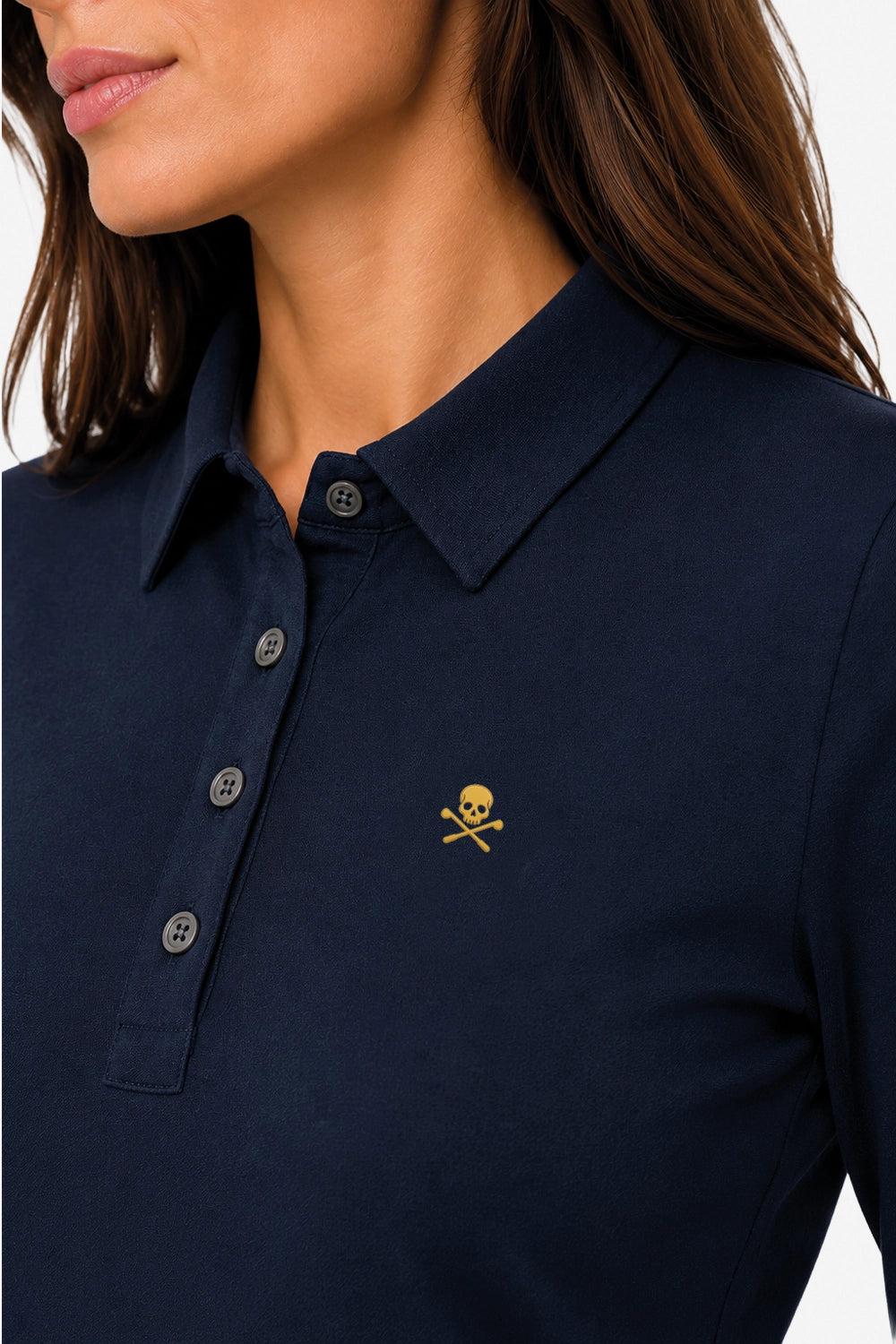Polo manches longues bleu marine, patte boutonnée et logo brodé sur la poitrine