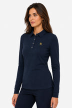 Polo manches longues bleu marine pour femme, col à boutons et logo brodé