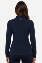 Polo manches longues bleu marine, vue dos avec logo brodé au centre du col