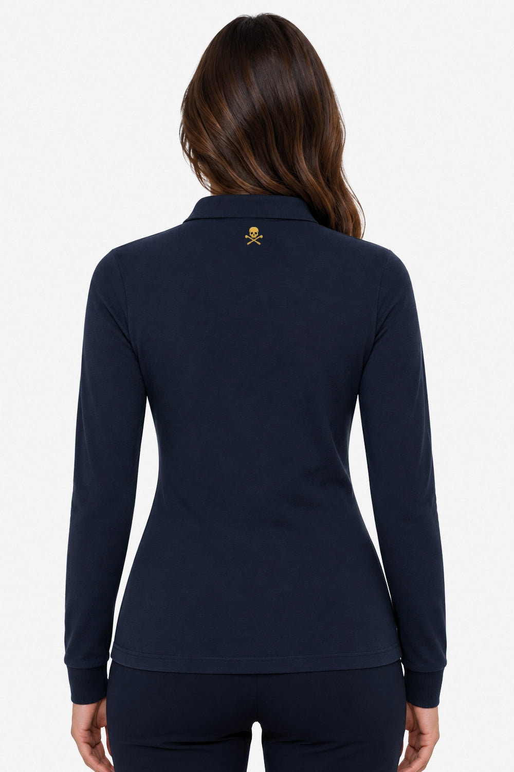 Polo manches longues bleu marine, vue dos avec logo brodé au centre du col
