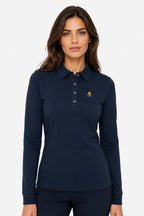 Polo manches longues bleu marine, col boutonné, petit écusson sur la poitrine