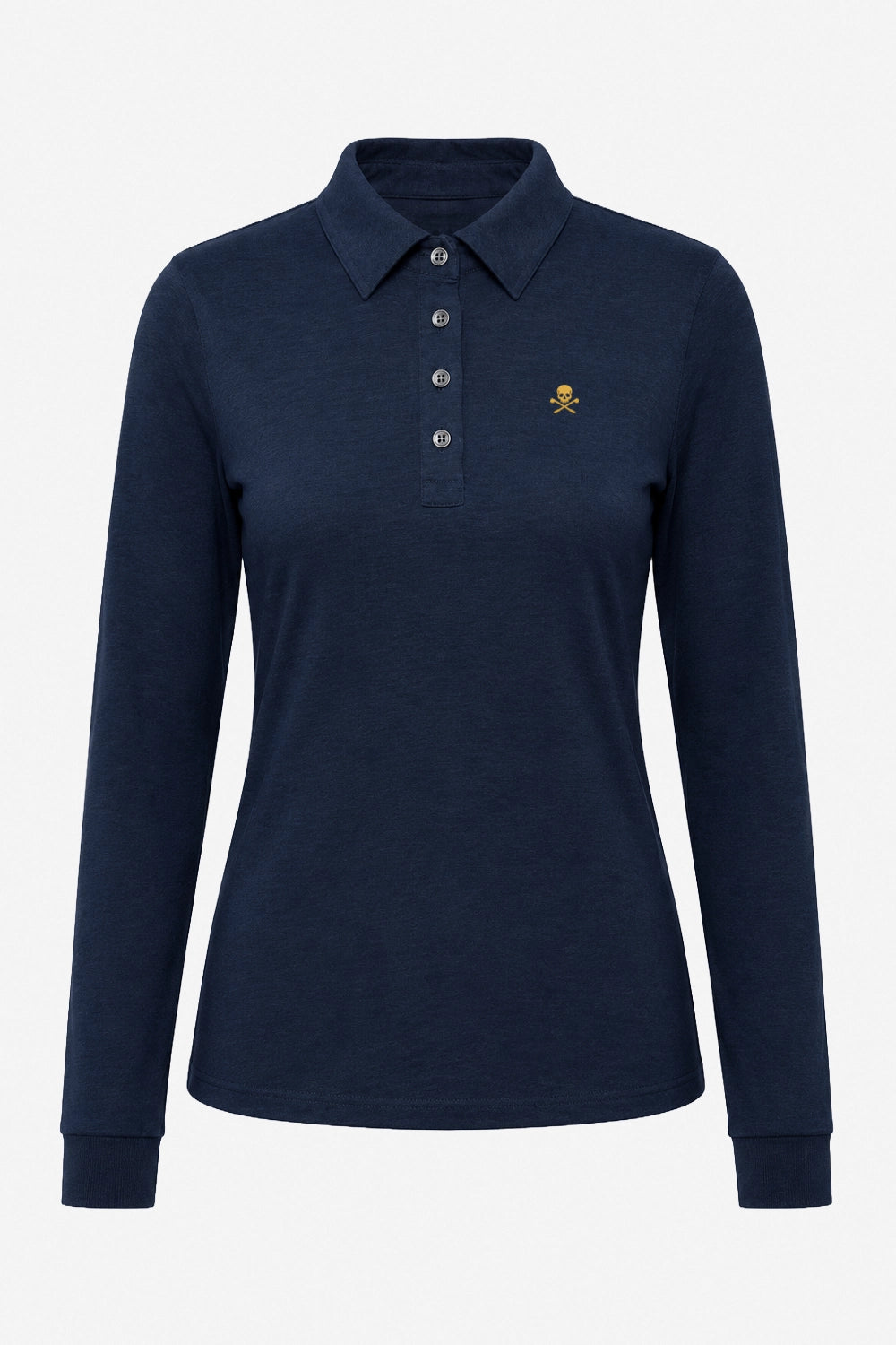 Polo manches longues bleu marine, col boutonné, écusson jaune sur la poitrine