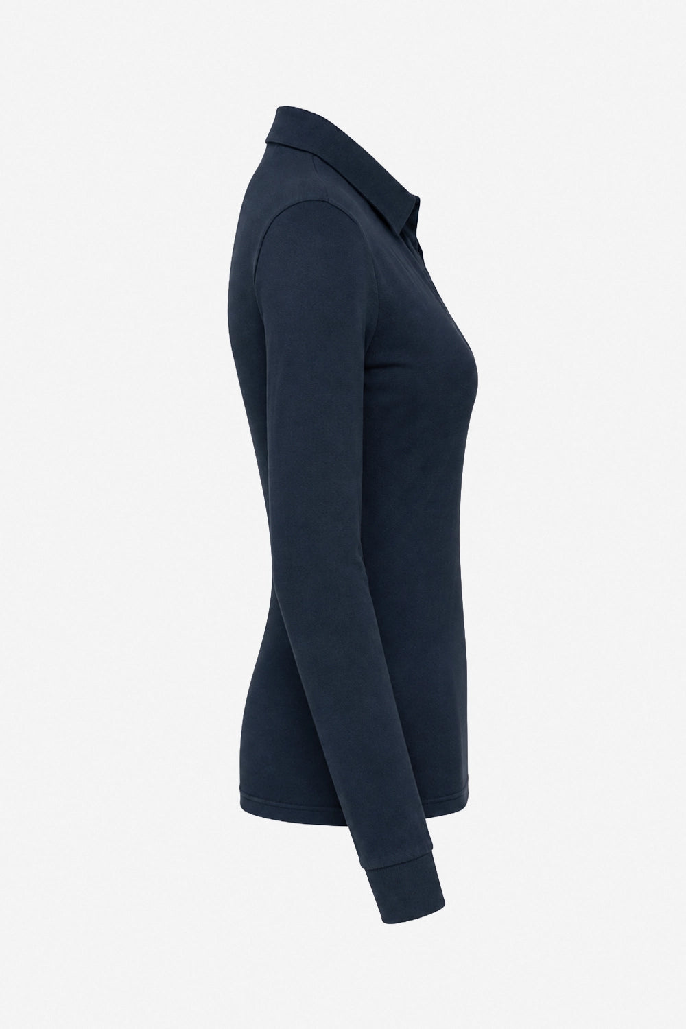 Polo manches longues bleu marine, vue de côté, col boutonné et base droite