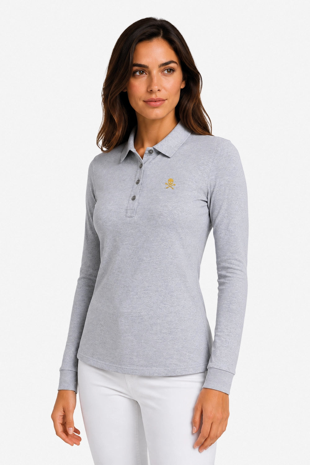 Polo manches longues gris clair, col boutonné, écusson jaune, coupe près du corps
