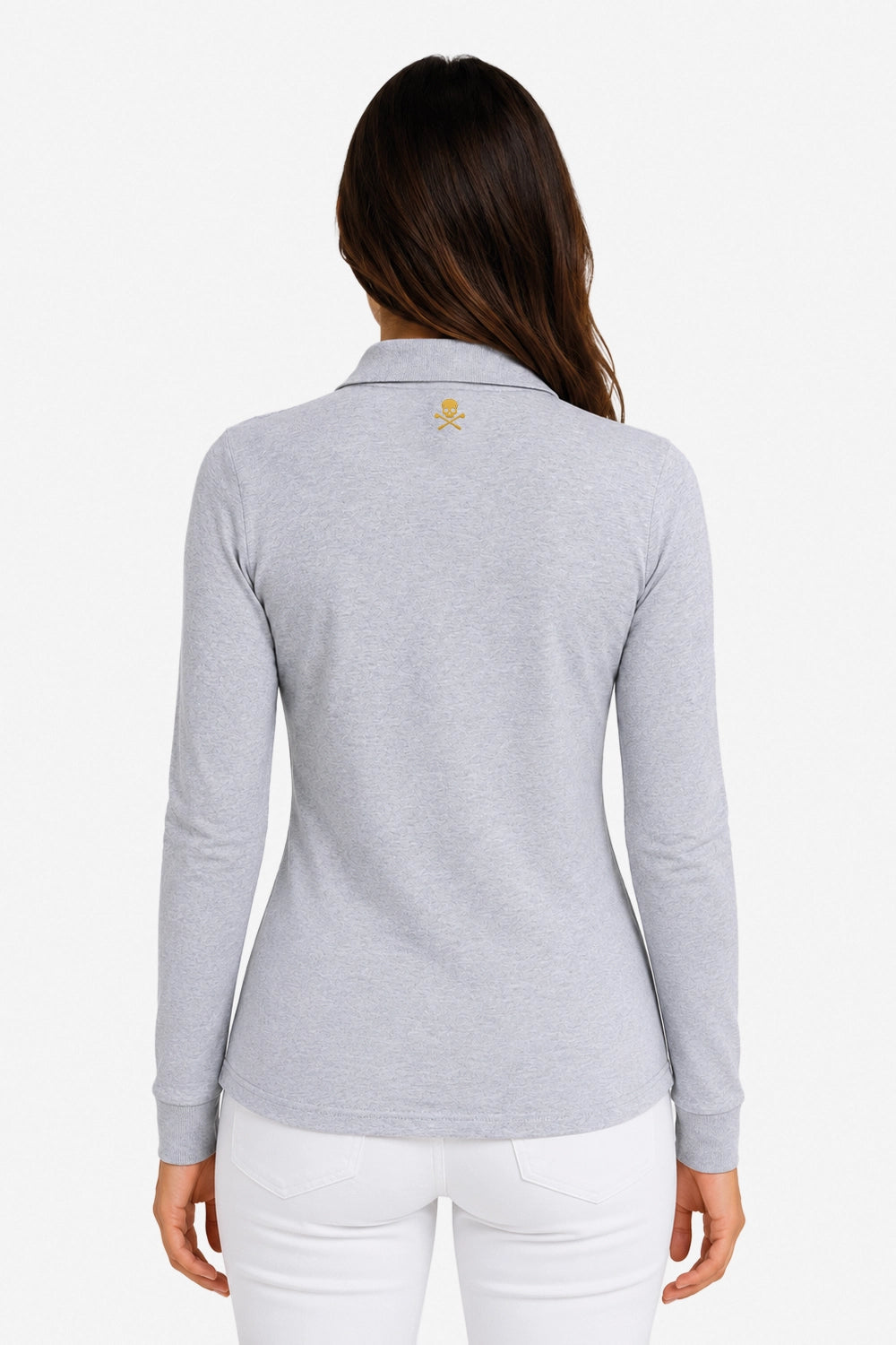 Polo manches longues gris clair, vue dos, col avec patte boutonnée et logo