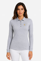 Polo manches longues gris clair, col boutonné, logo jaune sur la poitrine