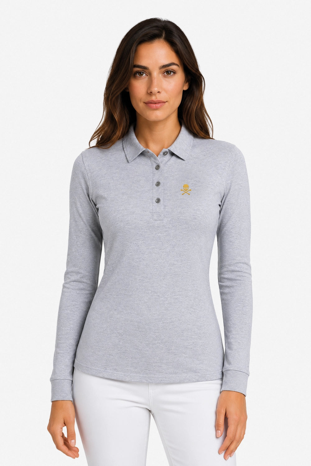 Polo manches longues gris clair, col boutonné, logo jaune sur la poitrine