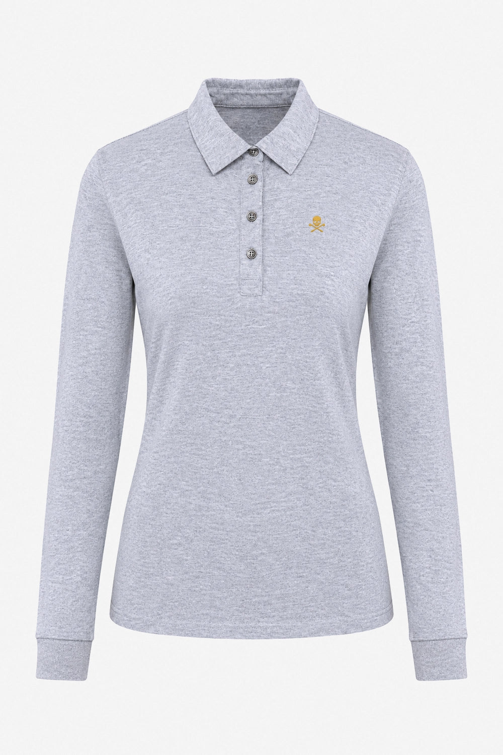 Polo manches longues gris clair, col en pointe, patte de boutonnage, logo brodé or.