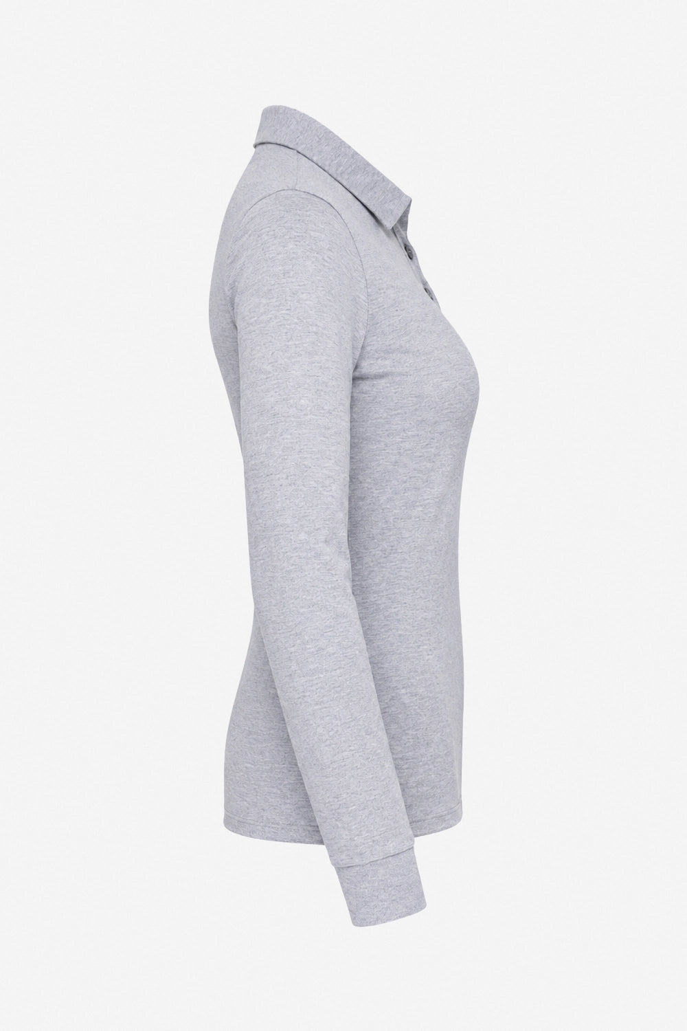 Polo manches longues gris clair, vue de côté, manches ajustées et col boutonné