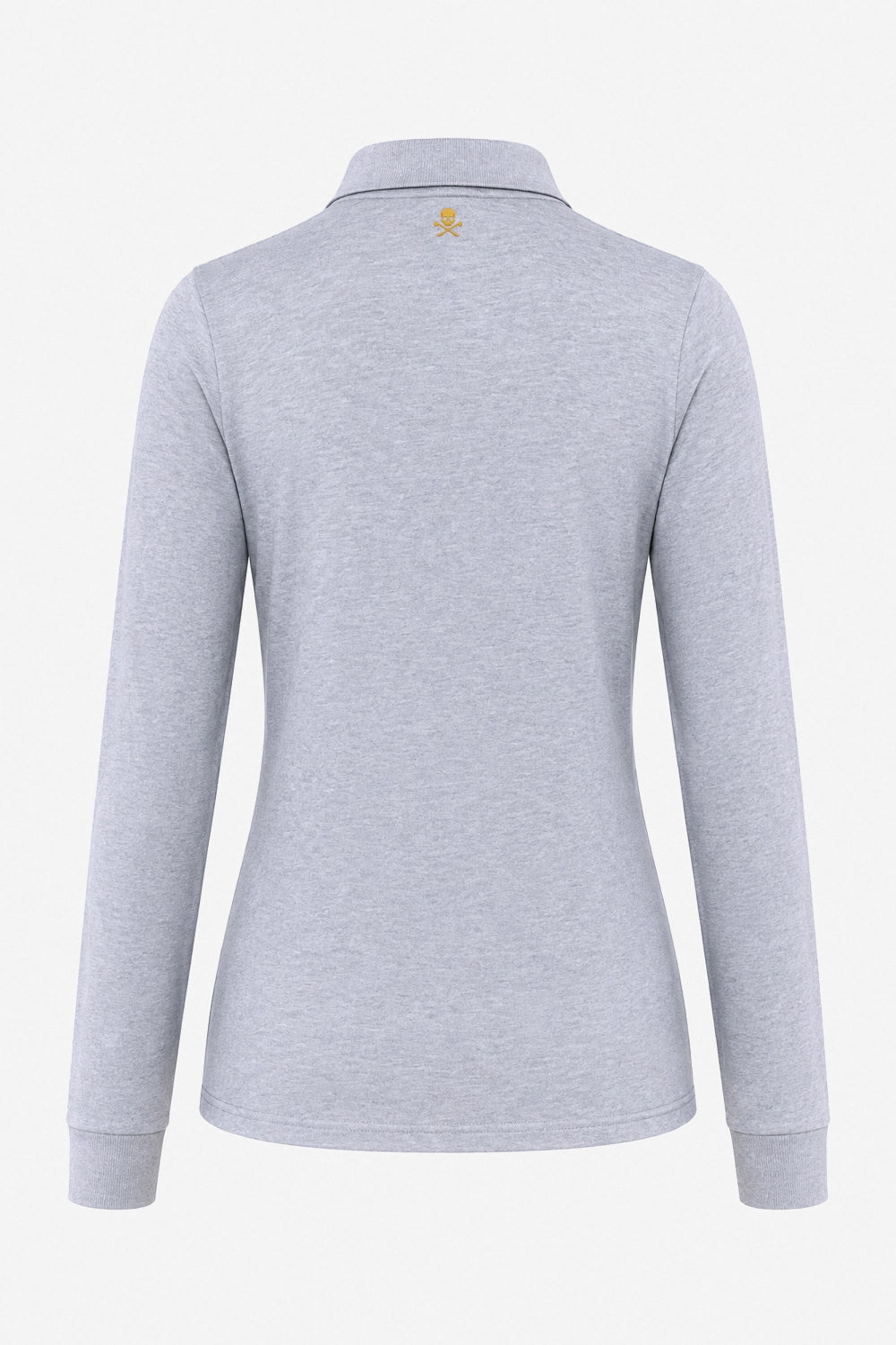 Polo manches longues gris clair, vue dos, col avec patte boutonnée et logo jaune