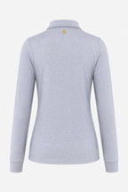 Polo manches longues gris clair, vue dos, col avec patte boutonnée et logo jaune