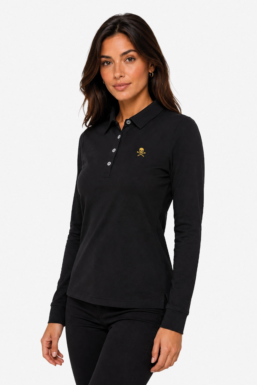 Polo manches longues noir cintré, col en pointe, patte de boutonnage, logo brodé or.