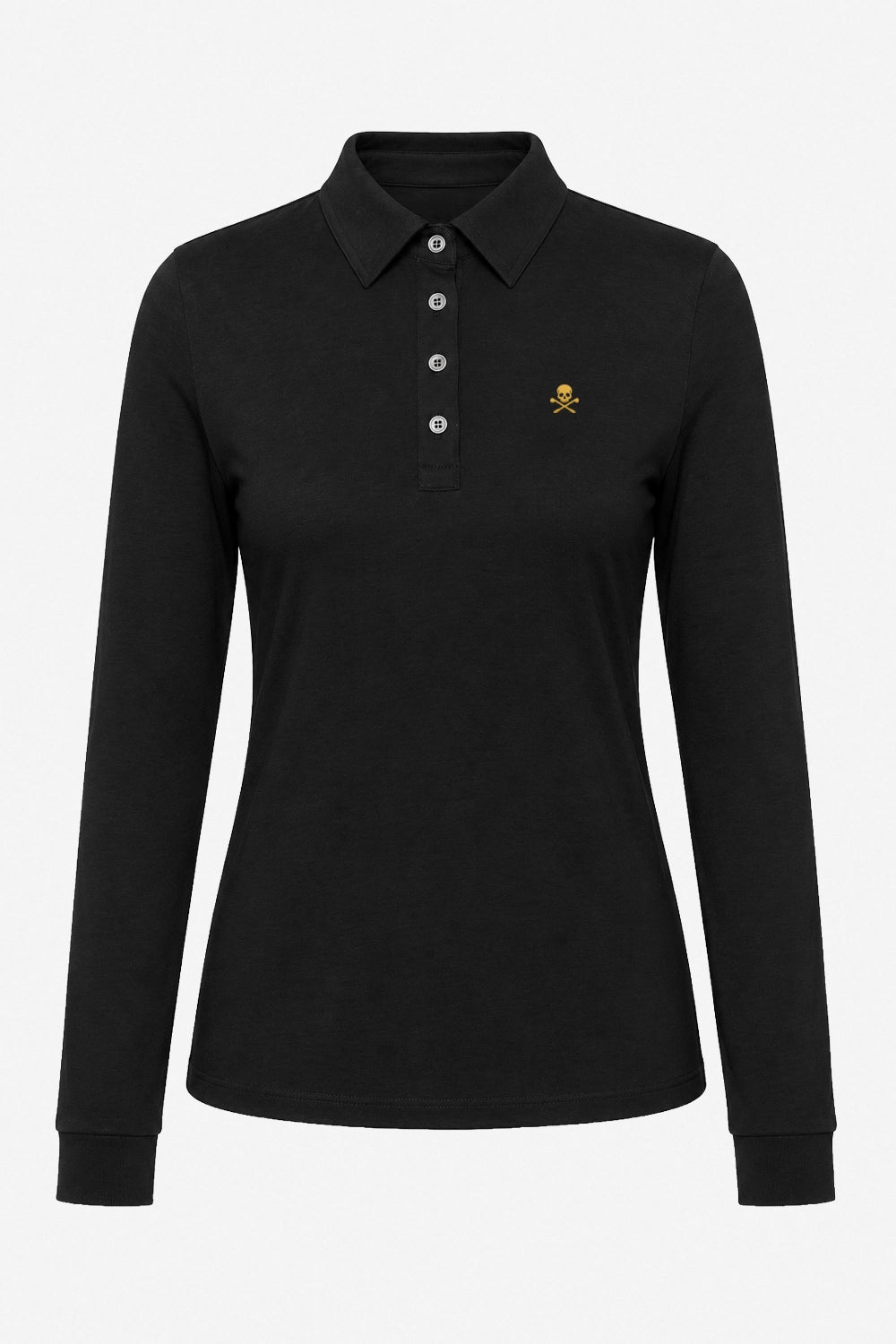 Polo manches longues noir, col en pointe, patte de boutonnage, logo brodé or sur la poitrine.
