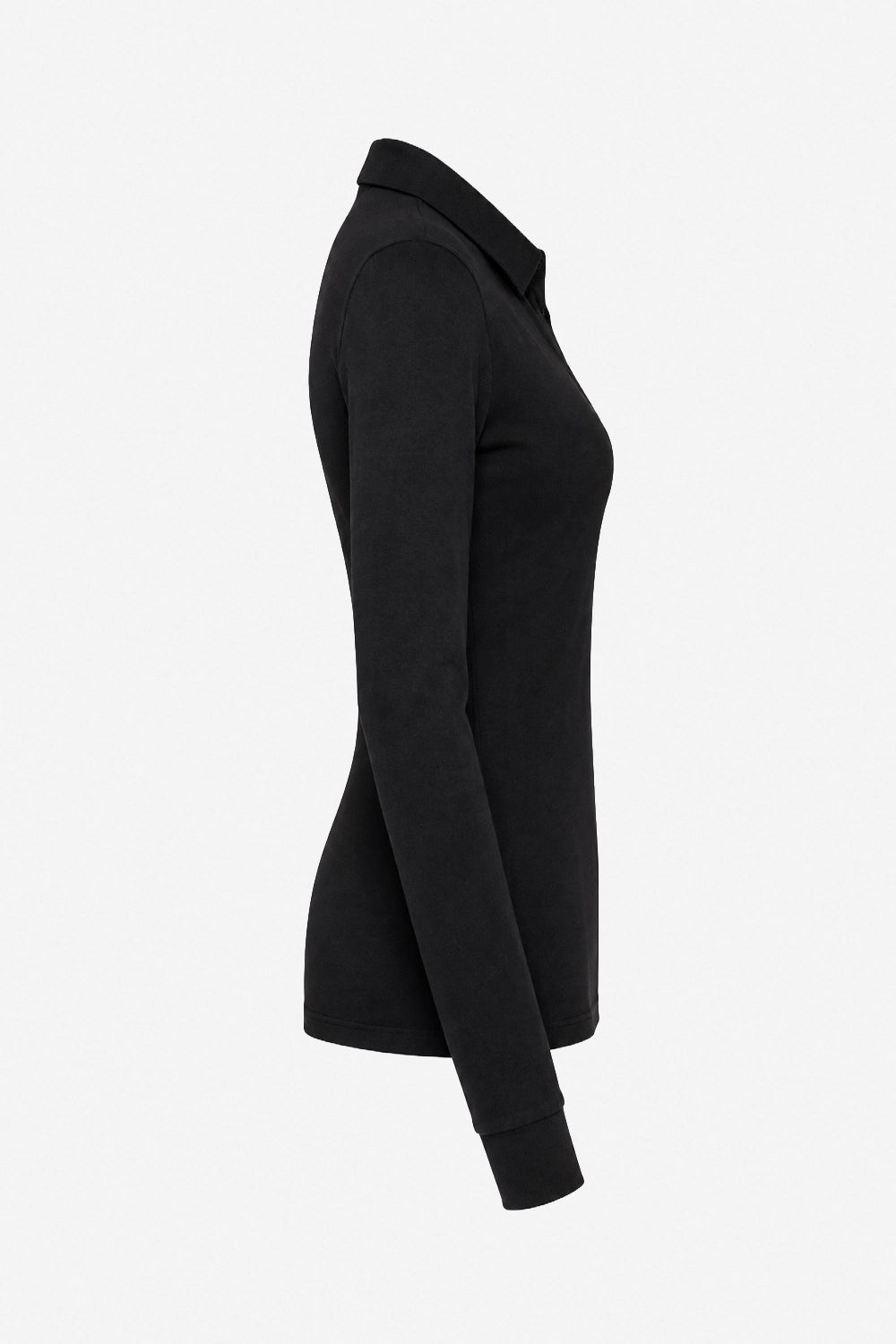 Polo manches longues noir, coupe ajustée, vue de côté, manches longues et patte boutonnée.