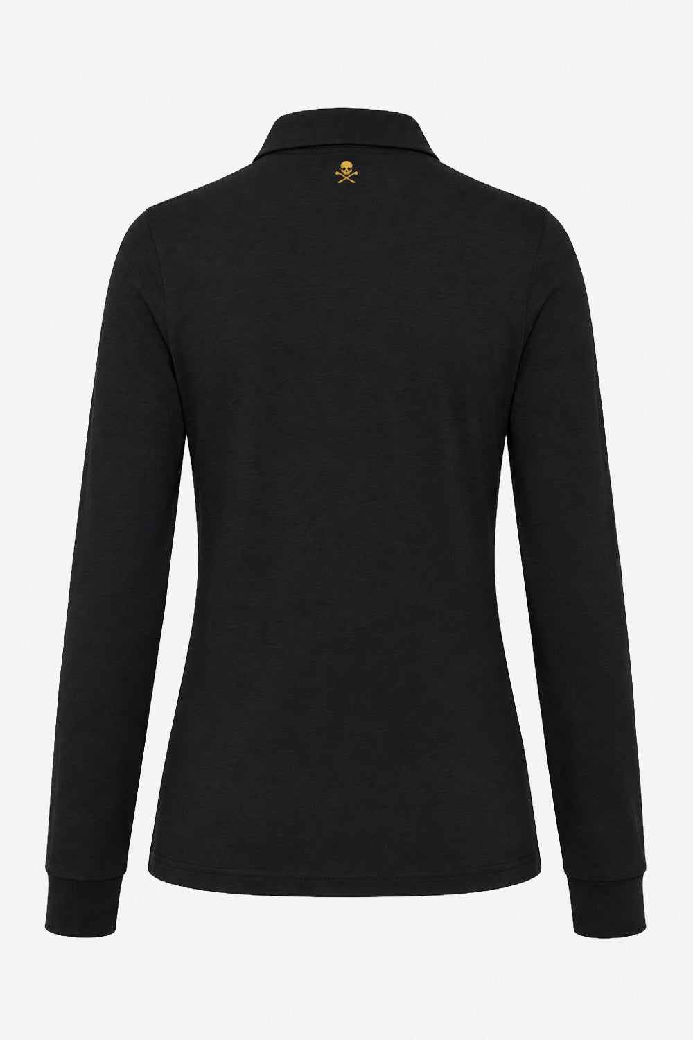 Polo manches longues noir : dos avec col, broderie logo or au centre du dos.