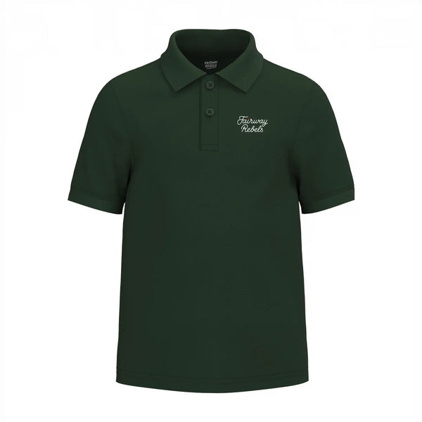 Polo manches courtes en coton vert foncé, vue avant, col boutonné, logo brodé sur la poitrine.
