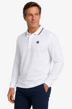 Polo golf homme manches longues en coton blanc, col liseré tricolore et écusson poitrine