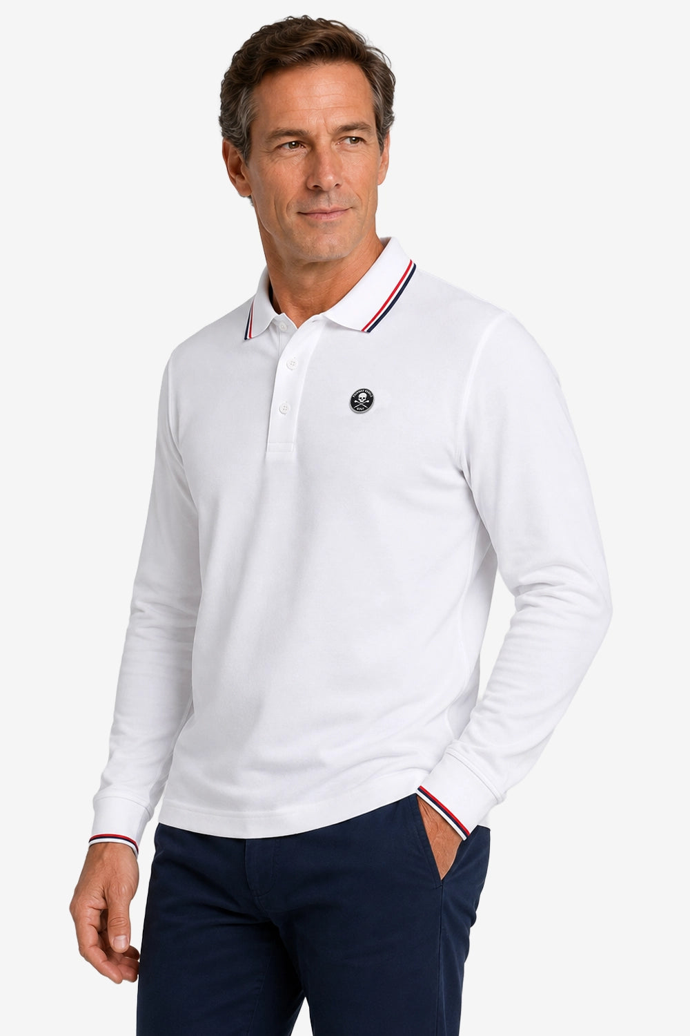 Polo golf homme manches longues en coton blanc, col liseré tricolore et écusson poitrine