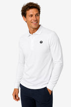 Polo de golf homme coton blanc manches longues, col polo boutonné, logo poitrine.