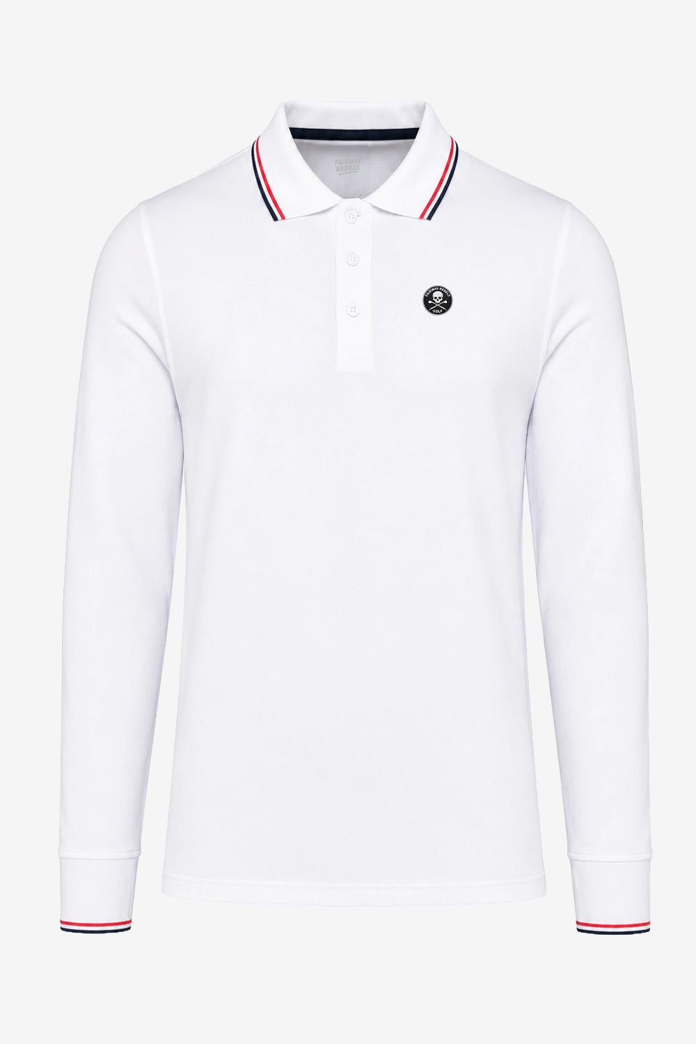 Polo golf manches longues coton blanc, modèle plat, col liseré tricolore et écusson