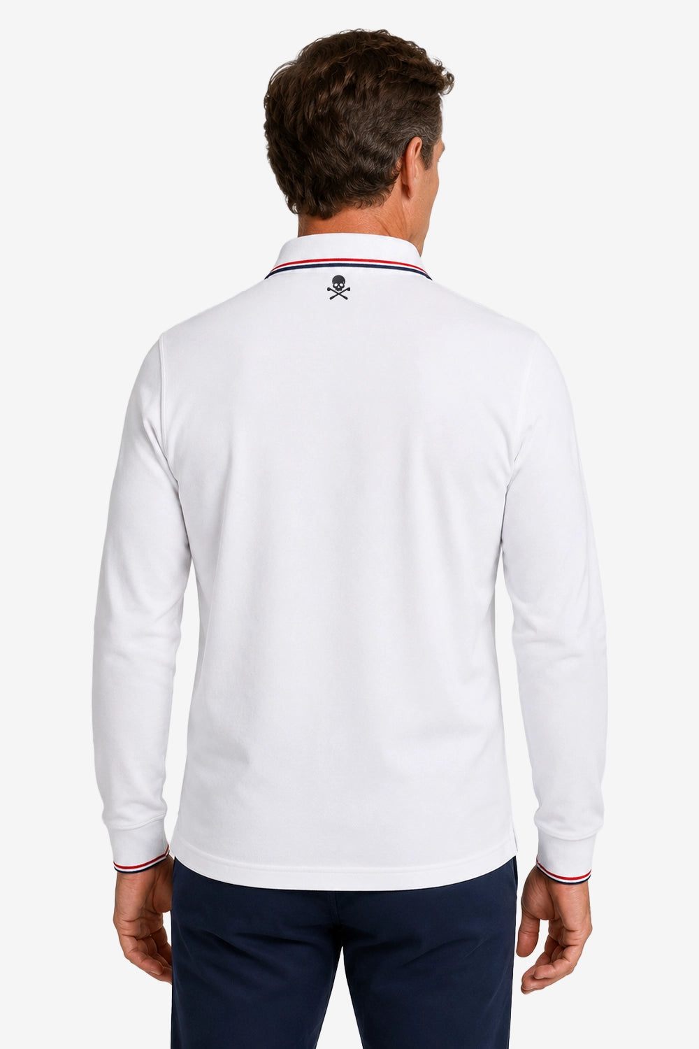 Polo manches longues coton blanc, vue de dos, col liseré tricolore et poignets liserés