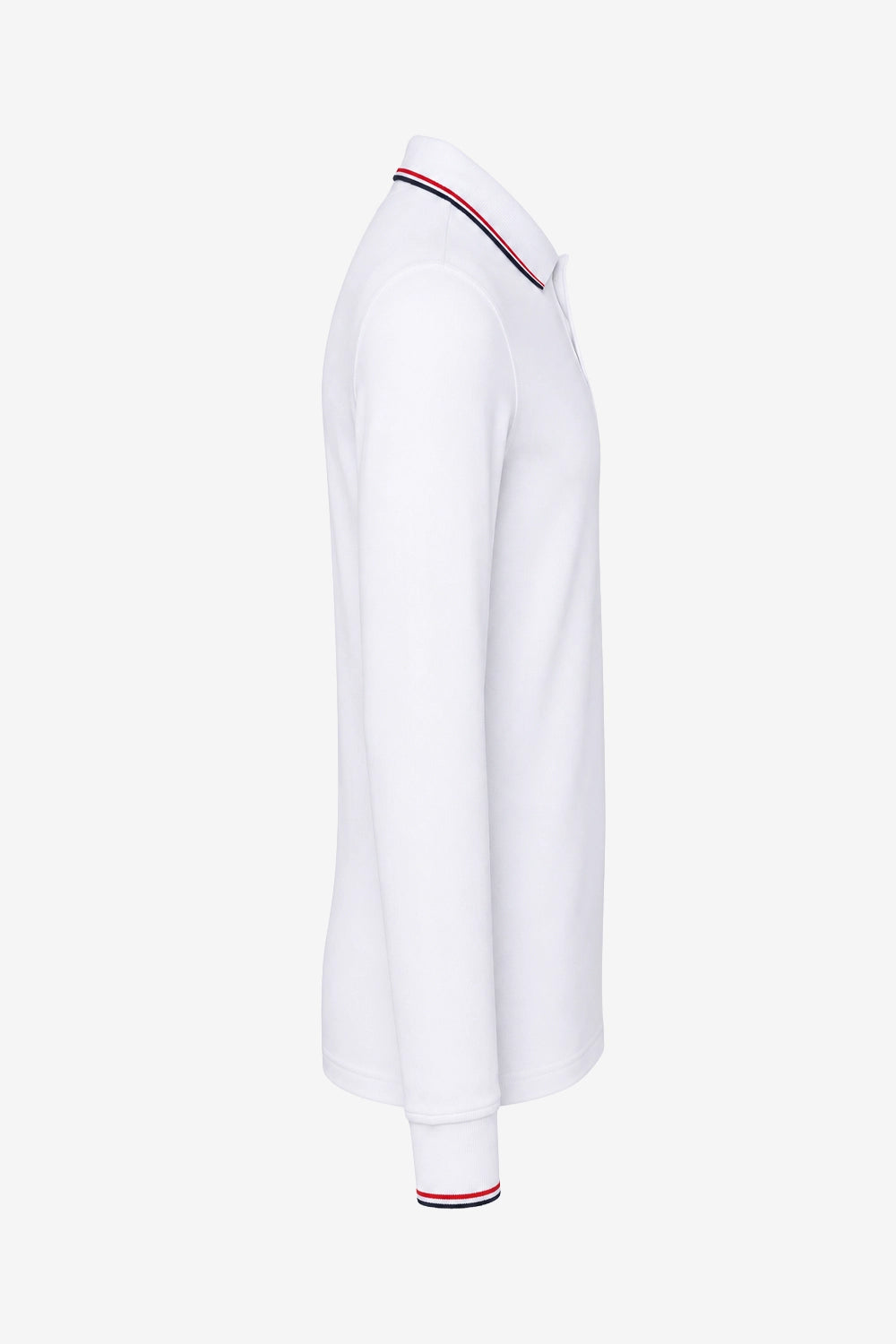 Polo manches longues coton blanc, vue de côté, col et poignets liserés tricolores