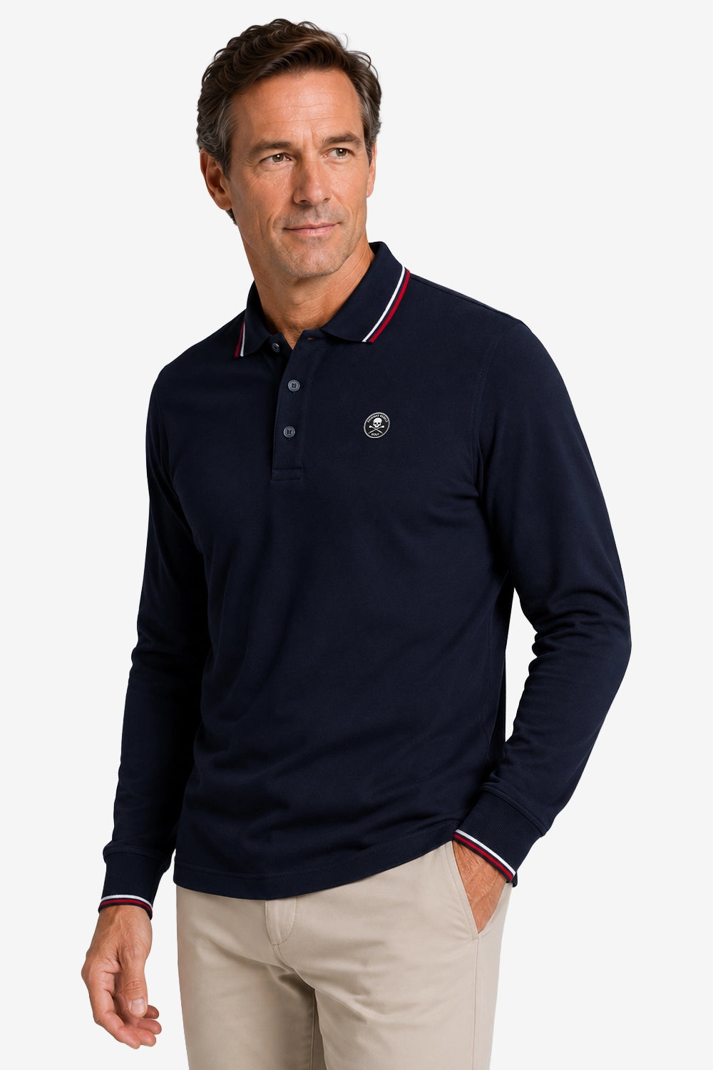 Polo golf homme manches longues coton bleu marine, col liseré tricolore et écusson poitrine