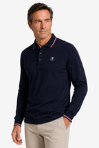 Polo golf homme manches longues coton bleu marine, col liseré tricolore et écusson poitrine