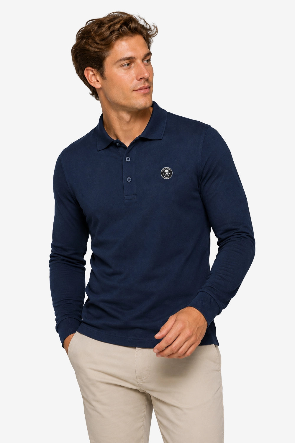 Polo de golf homme coton bleu marine, manches longues, col polo et logo poitrine.
