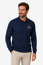 Polo de golf homme bleu marine manches longues, écusson crâne sur la poitrine.