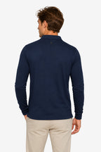 Polo manches longues en coton bleu marine, vue de dos, col boutonné.