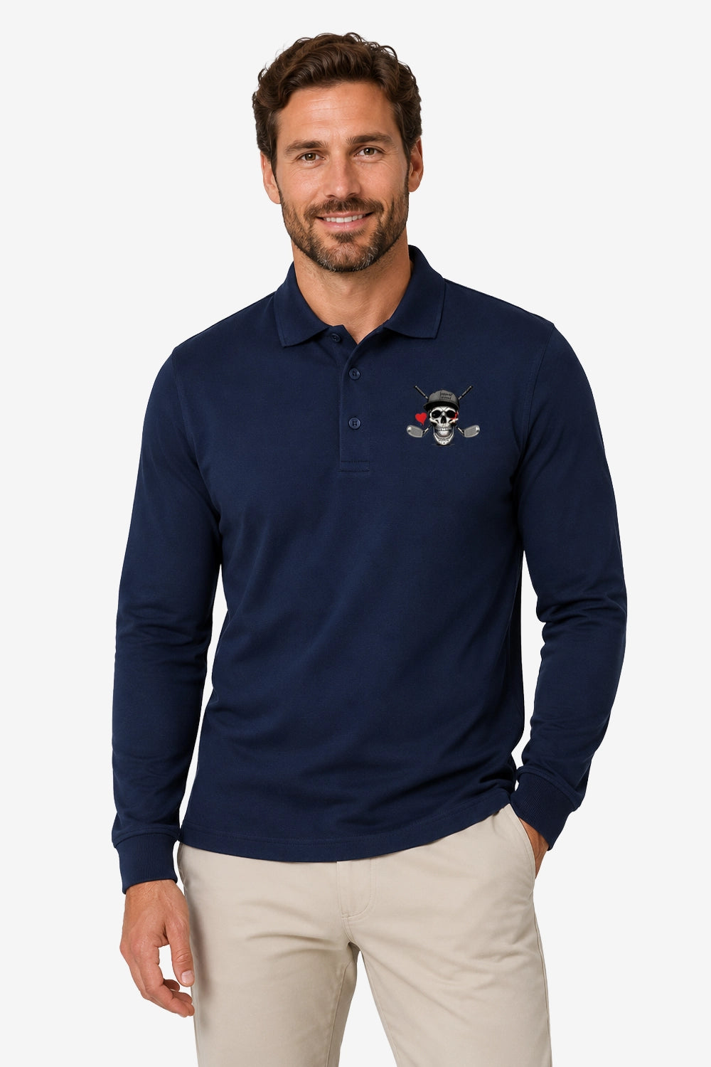 Polo de golf homme bleu marine manches longues, écusson crâne avec détails sur la poitrine.