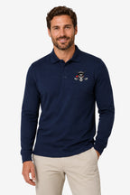 Polo de golf homme bleu marine manches longues, écusson crâne avec détails sur la poitrine.