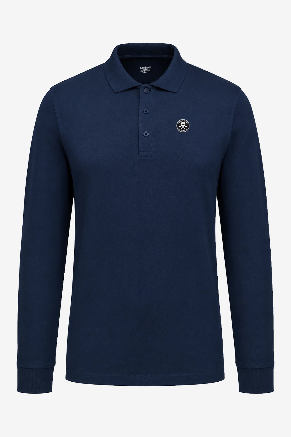 Polo manches longues en coton bleu marine, vue de face, écusson poitrine et col boutonné.