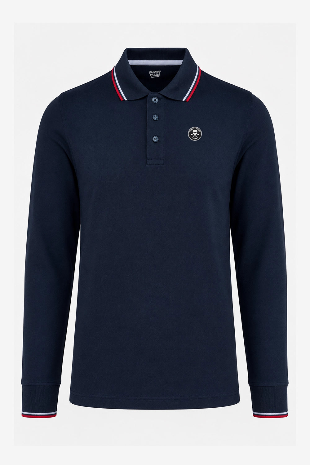 Polo manches longues coton bleu marine, col à liseré rouge et blanc, logo poitrine.