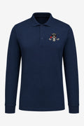 Polo de golf homme bleu marine manches longues, col boutonné et écusson crâne sur la poitrine.