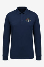 Polo de golf homme bleu marine manches longues, col boutonné et écusson crâne sur la poitrine.
